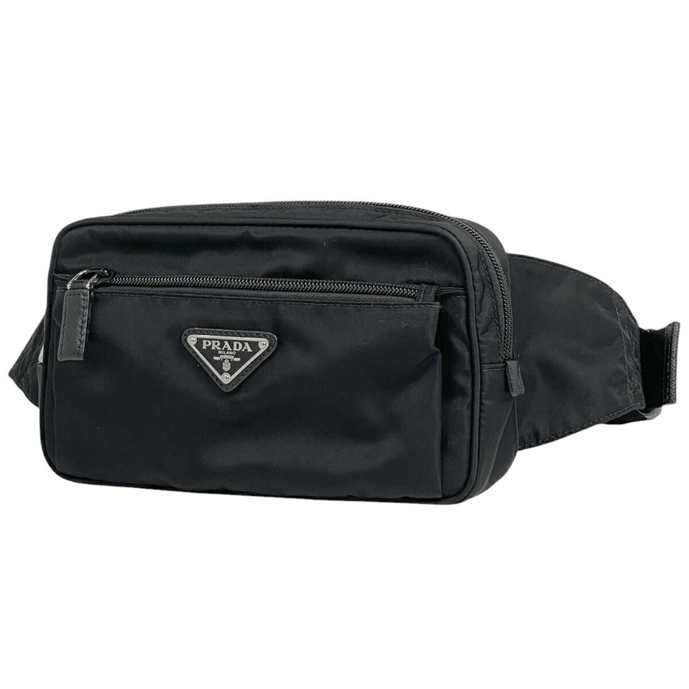 Prada Logo Plate Waist Bag Clutch Body Bum Crossbody Belt Tessuto Nero Black